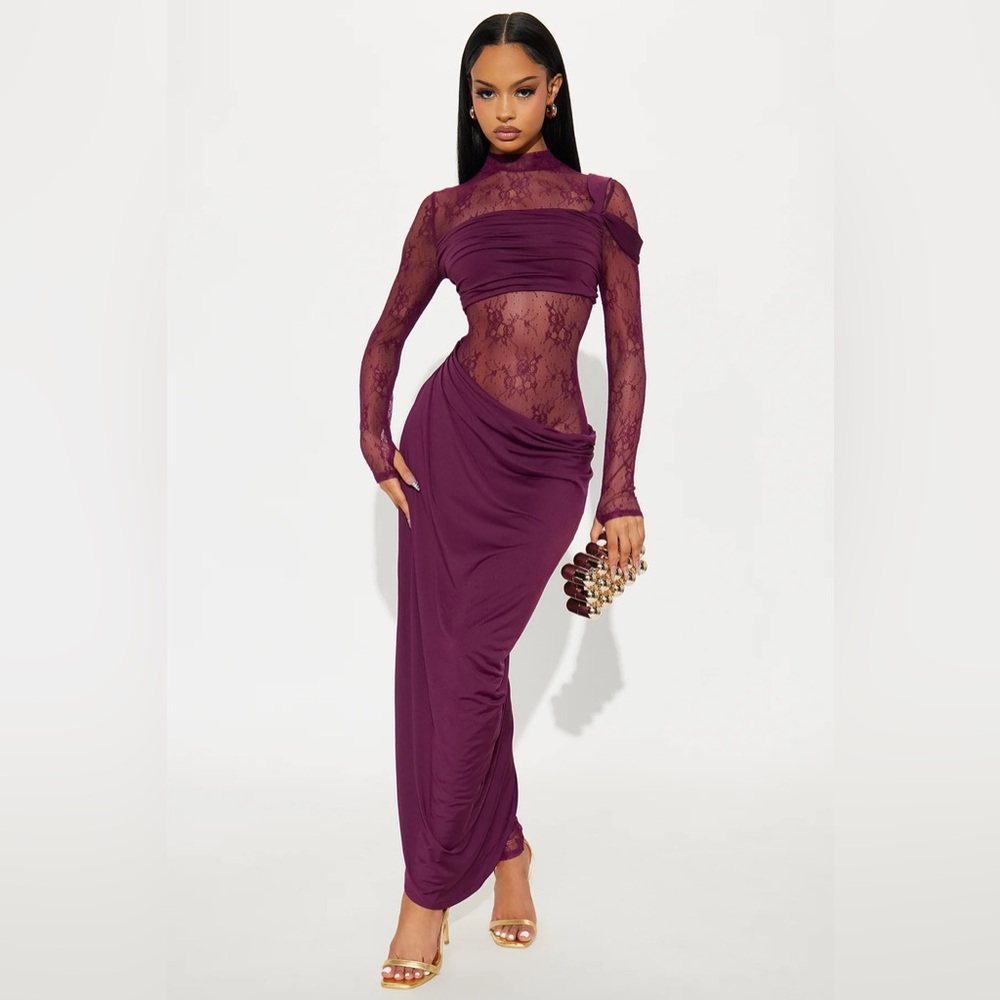 Sinful Silhouette Draped Lace Jumpsuit/Dress- Plum